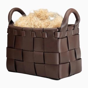 Large Leather Hand-Woven Decorative Basket by Oscar Maschera