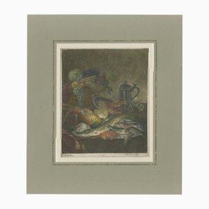 Robinson, Stillleben mit Fisch, Krabben, Obst und Zinnkrug, 1800, Druck