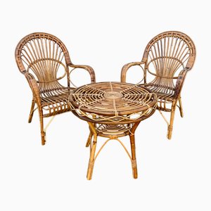 Bamboo Coffee Table and Chairs, 1960s, Set of 3