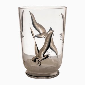 Jarrón de vidrio esmaltado a mano con gaviotas en vuelo, Europa, ca. 19401960