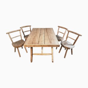 Rustic Handcrafted Dining Set with Oak and Ash, Table and 4 Chairs, 1960s, Set of 5