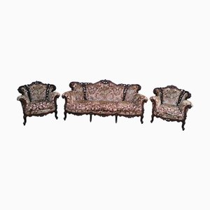 Piemontesisches Barock Sofa und Sessel aus handgeschnitztem Holz & Damast Samt, 1950er, 3er Set