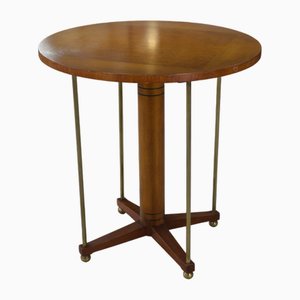 Tavolino rotondo in ottone, olmo e radica, anni '40