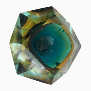 Vintage Faceted Sommerso Murano Glass Block Bowl, 1960s