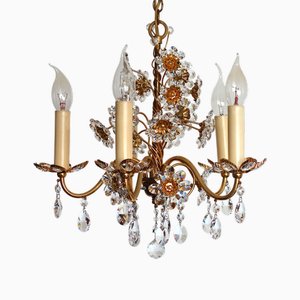 Brass and Lead Crystal 5-Flame Chandelier from Palwa, 1960s