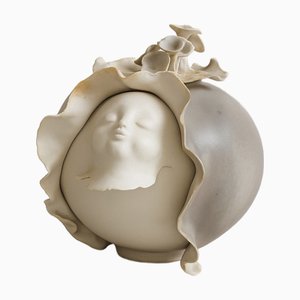 Dreamlike Ceramic Sculpture with Childlike Face and Organic Motifs by MM, 1990s