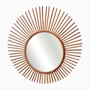 French Rattan Wicker Sunburst Asymmetric Wall Mirror, 1960s