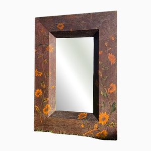 Large Art Nouveau Mirror in Carved Wood with Sunflower Marquetry, 1900s