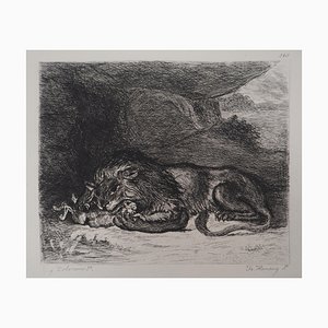 After Eugène Delacroix, Lion and Rabbit, Engraving, 1873