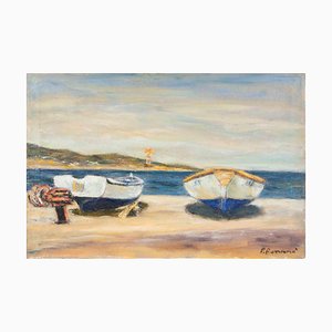 Pino Romanò, Boats in Scilla, Oil Painting, 1990s