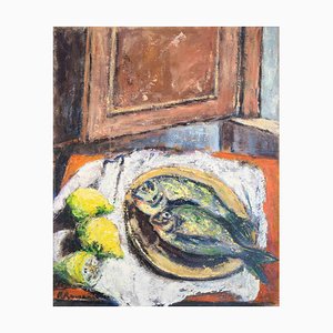 Pino Romanò, Still Life with Fishes and Lemons, Oil Painting, 1990s