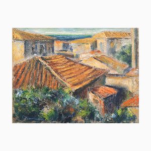 Pino Romanò, Roofs, Oil Painting, 1990s