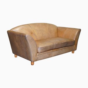 Vintage Art Deco Brown Leather Two Seater Sofa