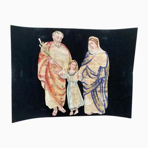 Tessuto dipinto con soggetto religioso della Sacra Famiglia, XIX secolo