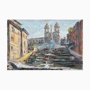 Pino Romanò, View of Trinità dé Monti, Rome, Oil Painting, 1990s