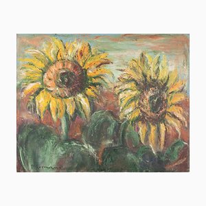 Pino Romanò, Sunflowers, Oil Painting, 1990s
