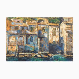 Pino Romanò, Houses by the Sea in Chianalea, Oil Painting, 1990s