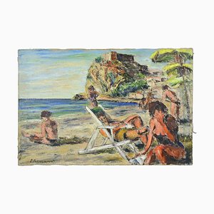 Pino Romanò, Bathers in Scilla, Oil Painting, 1990s