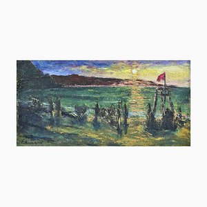 Pino Romanò, Sunset on the Beach, Oil Painting, 1990s