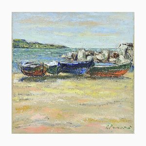 Pino Romanò, Boats in the Strait of Messina, Oil Painting, 1990s