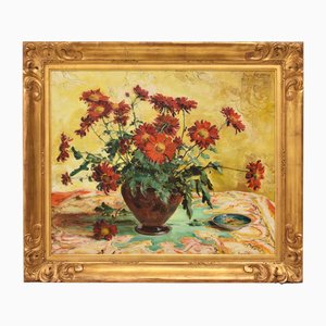 Angelina-Marie-Eugénie Drumaux, Natura morta con vaso di margherite rosse, XX secolo, Olio su tela, Con cornice