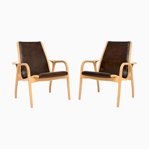 Vintage Swedish Leather Lamino Armchairs by Yngve Ekström for Swedese, 1970s, Set of 2