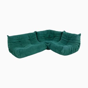 Set da togo in pelle scamosciata verde acqua di Michel Ducaroy per Ligne Roset, anni '70, set di 3