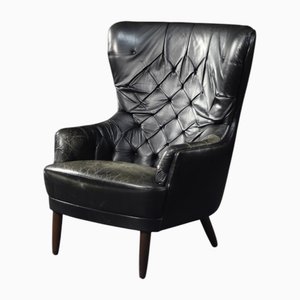Mid-Century Modern Danish Black Quilted Leather Wing Chair, 1960s