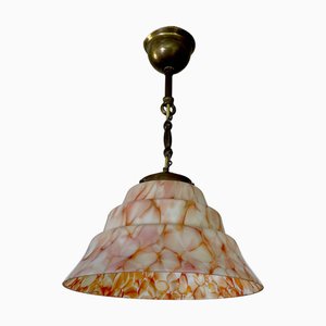 Art Deco Pendant Light in Pink Coral Glass, 1930s