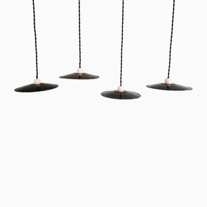 Industrial Black and White Enamelled Sheet Metal Pendant Lights, 1940s, Set of 4