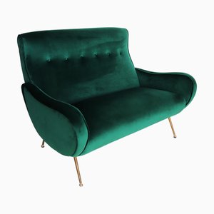 Mid-Century Modern Italian Sofa in Green Velvet with Brass Tips, 1950s