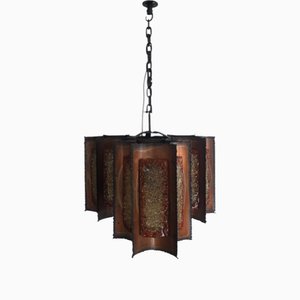 Brutalist Hanging Lantern in Copper and Cackle Glass by Accolay of France, 1969