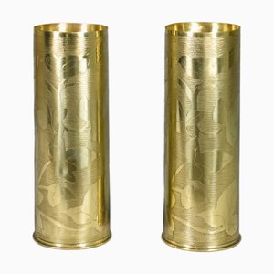 Antique French Trench Art Brass Shell Vases, 1890s, Set of 2