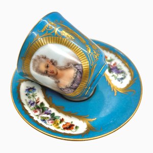 Antique Cup and Saucer with Hand-Painted Gilt Princess Portrait and Floral Panels from Sevres, 18th Century, Set of 2