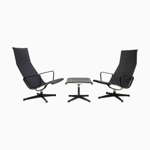 Aluminium EA124 Armchairs with EA125 Ottoman in Vinyl Upholstery by Charles and Ray Eames for Herman Miller, Set of 3