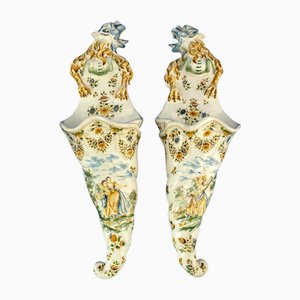 Cornucopia Flowerpots in Majolica Ceramic from Le Moustiers Manufacture, France, 18th Century, Set of 2