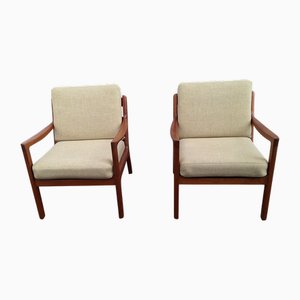 Set of Danish Senator Armchairs in Teak with Beige Fabric Upholstery by Ole Wanscher for Cado, 1960s