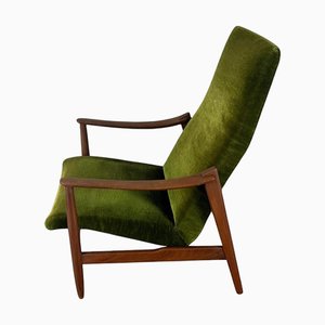 Sedia Mid-Century moderna in teak con schienale alto e velluto verde, Danimarca, anni '60