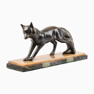 French Artist, Art Deco Fox Sculpture, Metal and Marble, 1920s