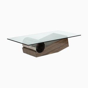 Medes Coffee Table in Wenge Sandstone and Sanded Iron Circle with Glass Top by Joaquín Moll