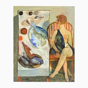 Alberto Gallerati, Am Tisch mit Fischen, 1980er, Mixed Media Malerei
