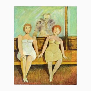 Alberto Gallerati, In the Waiting Room, 1980s, Mixed Media Painting