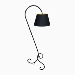 Floor Lamp in Black Lacquered Metal and Brass in the style of Jean Royère