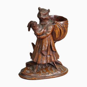 Handcarved Wooden Sculpture of Cat with Rabbit, 1900s