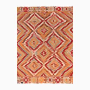 Mid-Century Kelim Teppich aus Wolle mit goldenem, gelbem und rotem Rautenmuster