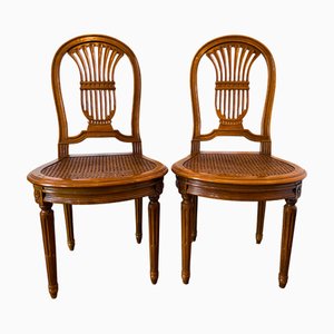Set de Chaises Style Louis XVI à Dossier Lyre avec Sièges en Rotin, France, 1920s