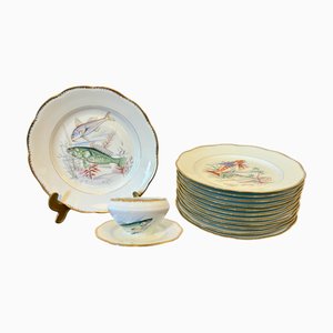 Mid-Century Modern Hand-Painted Fish Service by S.F.P. for Limoges, 1950, Set of 13