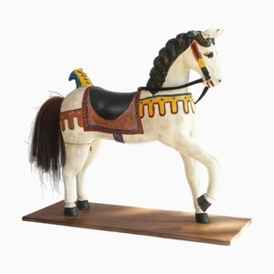 Cheval de Manège Antique en Bois Polychrome avec Yeux en Verre, 1920s