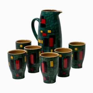 Handbemalte Santulli Deruta Karaffe & Gläser, 1960er, 7 . Set