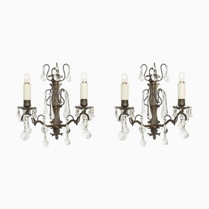 Brass and Crystal Wall Lights, Early 1900s, Set of 2